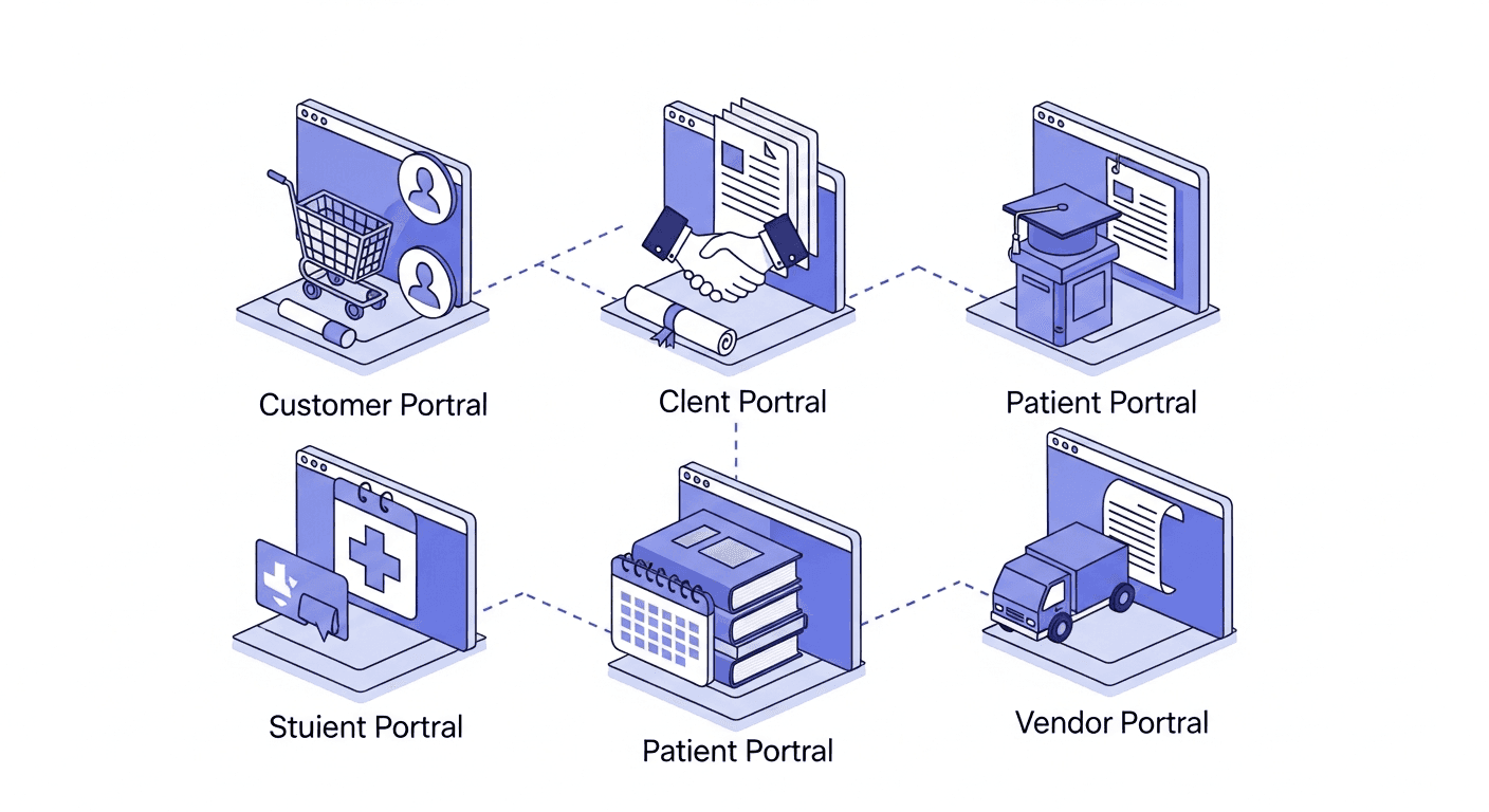 A modern, clean illustration showing different types of business web portals as connected hubs or gateways. Show symbolic representations of customer portal (shopping cart and user), client portal (handshake and documents), student portal (graduation cap and books), patient portal (medical cross and calendar), and vendor portal (delivery truck and invoice). Use a professional color palette with blues, purples, and whites. Isometric or flat design style, no text or words, digital business concept art