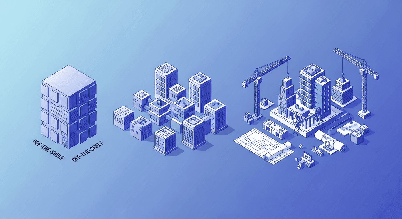 A modern business illustration showing a spectrum or gradient from left to right. On the left side, show a rigid, fixed box structure representing generic software. In the middle, show flexible, modular building blocks that can be rearranged, representing configurable customization. On the right side, show a completely custom architecture being built from scratch with blueprints and construction elements. Use a clean, professional color palette with blues and purples. Isometric or flat design style. No text or letters.
