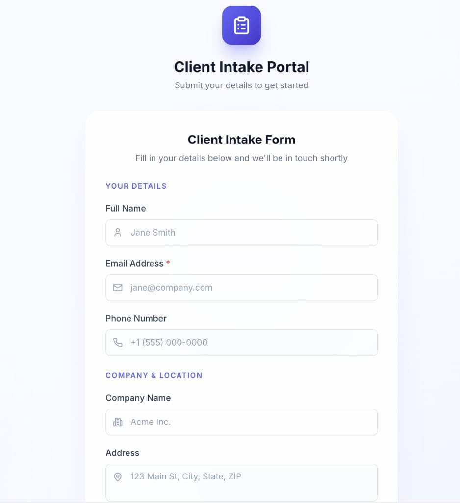 Example open registration page: Client Intake Portal with name, email, phone, company, and address fields