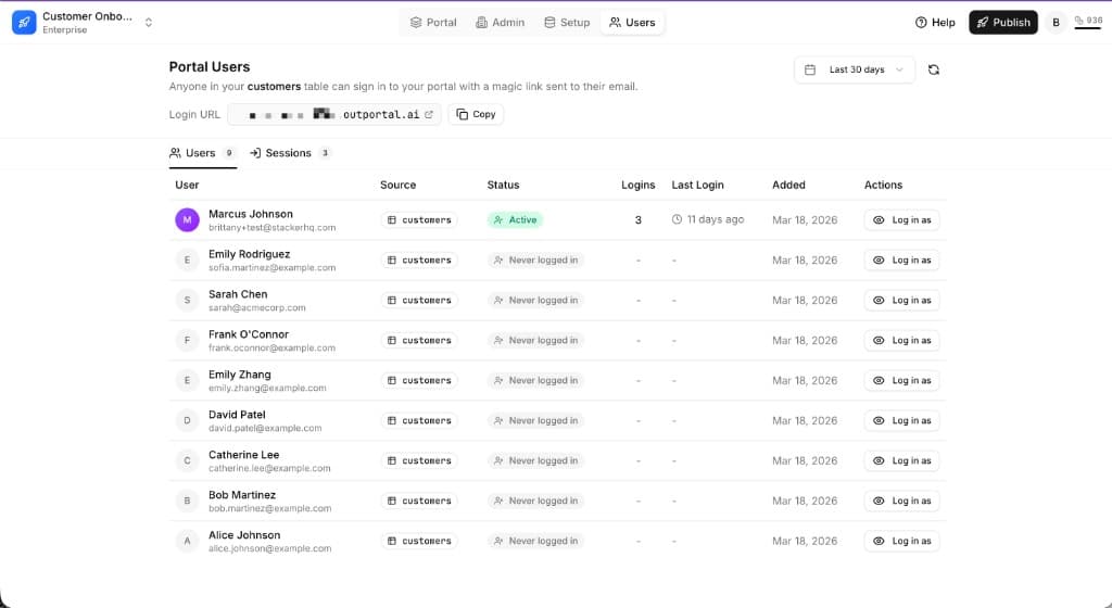Users tab showing Portal Users: Login URL, Users and Sessions sub-tabs, table with Source, status, logins, and Log in as actions