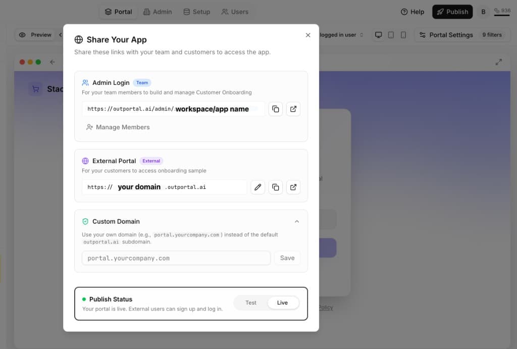 Share Your App modal: Admin Login team URL, External Portal customer URL, custom domain, and publish status